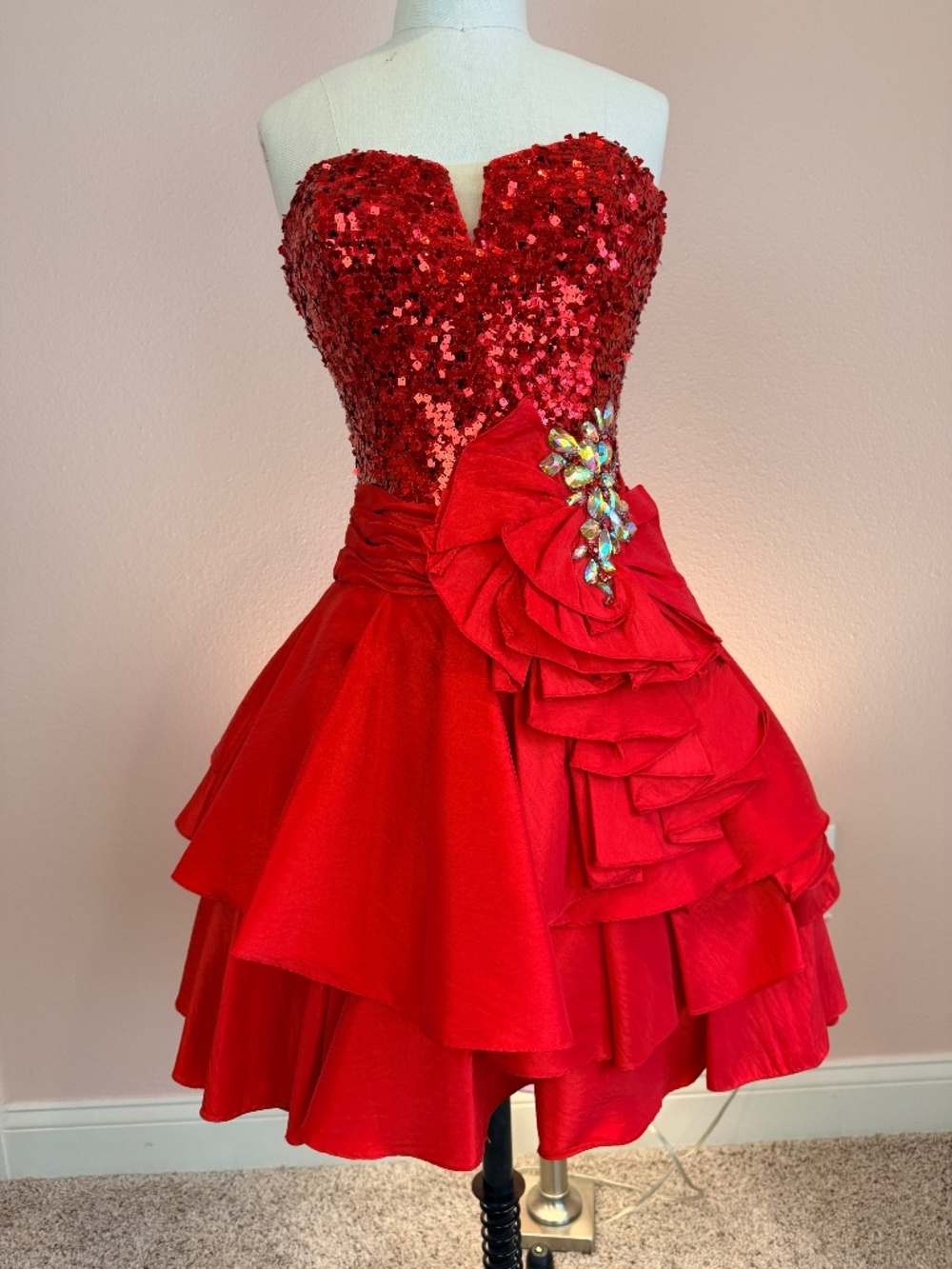 Precious Formals Red Sequin Rhinestone Ruffle Homecoming Dress Size 2